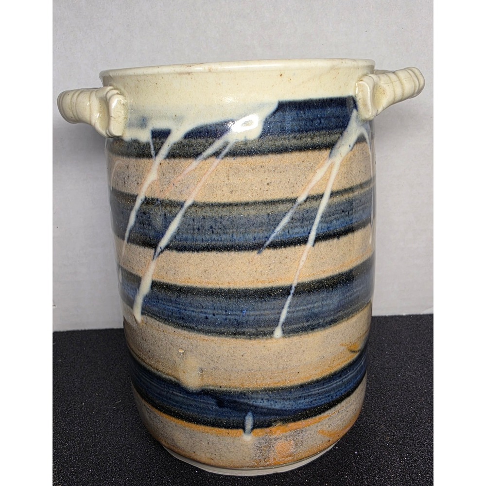 Studio Pottery Striped‎ Stoneware Vase Blue Tan Drip Glaze Lug Handles 7 Inch